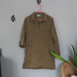 Michael Stars Eleanor Olive Green Collared Shirt Dress Roll Sleeves L Large